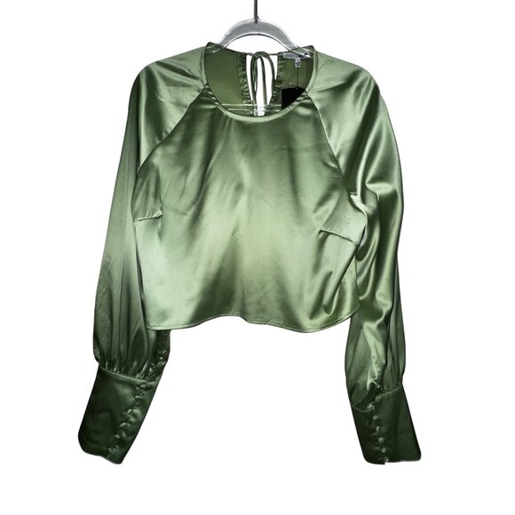 Fashion Nova Green Satin Long-Sleeve Crop Top XL Sexy Classic Party Date Boho - Picture 1 of 7